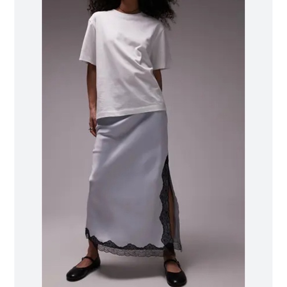 TOPSHOP Lace Trim Satin Maxi Skirt Light Blue Size 8 - Picture 2 of 10